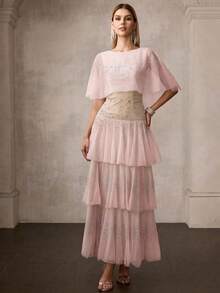 MOTF PREMIUM WOMEN'S NEW MESH RHINESTONR LAYERED FORMAL DRESS, ETHEREAL SHEER RUFFLE HEM MAXI DRESS, GALA RUNWAY EVENING GOWN - Baby Pink - View 5