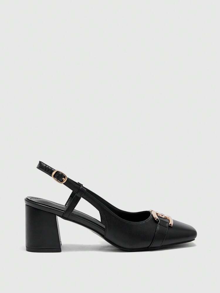CUCCOO BIZCHIC Women's Buckle Design Daily Commuter Black Square Toe Women's High Heel Shoes Slingback Shoes
