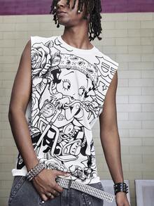 ROMWE MEN Betty Boop | ROMWE Camiseta de tirantes de corte holgado con estampado de figura, cuello redondo, para hombre, de verano - Blanco - Ver 5