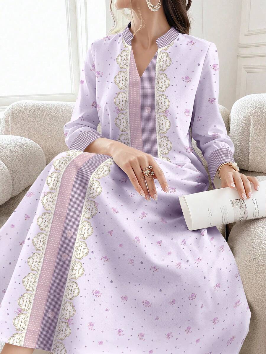 SHEIN Najma 碎花蕾丝边连衣裙，女士时尚V领开衩荷叶边长袖连衣裙，春夏优雅碎花长裙 - 彩色 - 查看 1