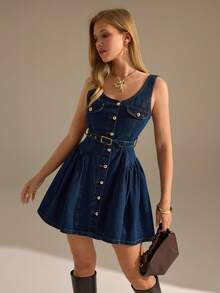 CLARA VERO Denim Button Front Belted Mini Dress Fit And Flare Silhouette Perfect For Weekend Brunch Casual Dates Or Autumn Festivals Navy Blue Button Details - Medium Wash - View 1