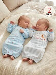 2-Pack Newborn Blue Summer Nightgown & Swaddle Blanket Set, Star & Moon Print, Long Sleeve Spring & Summer Pajamas, Ideal For Easy Changing - Baby Blue - View 1