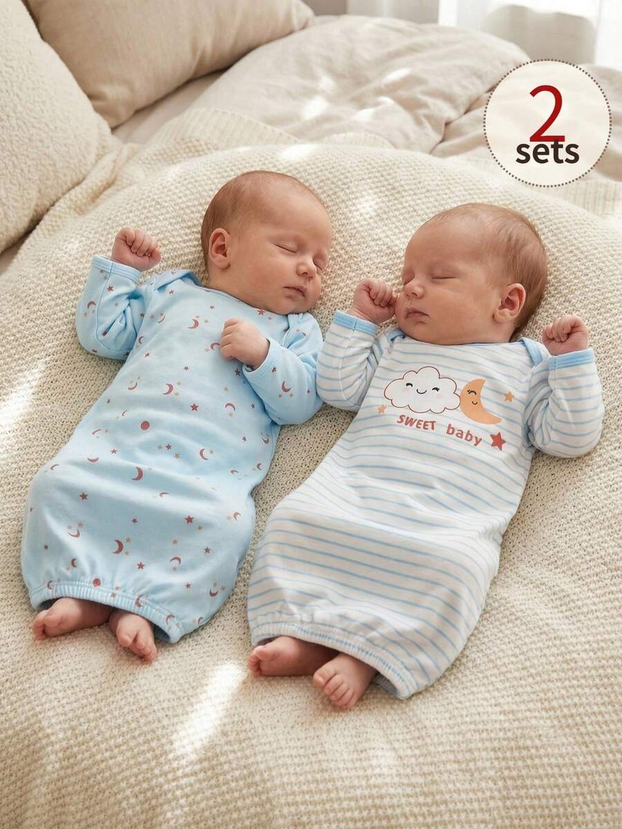 2-Pack Newborn Blue Summer Nightgown & Swaddle Blanket Set, Star & Moon Print, Long Sleeve Spring & Summer Pajamas, Ideal For Easy Changing - Baby Blue - View 1