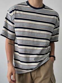 DAZY Men's Multicolor Striped Crew Neck Short Sleeve T-Shirt, Summer,Back To School Clothes - Grey - View 8