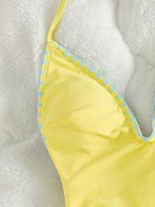 Bonvoyette Elegant Solid Color V-Neck Contrast Ruffle Trim One-Piece Swimsuit, Spring/Summer - Multicolor - View 3