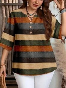 EMERY ROSE Casual Textured Colorblock Striped Print V-Neck Shirt, Minimalist Plus Size Shirt Suitable For Summer - Multicolor - View 5