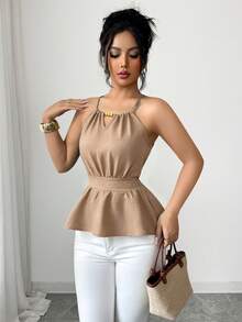 Elenzga Camiseta de tirantes ajustada y elegante de color verde para uso diario con decoración de cuentas de madera y diseño con cordón, para primavera/verano - Albaricoque - Ver 4
