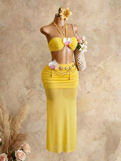Mistrie 3D Floral Decor Halter Top And Pleated Skirt 2 Pieces Set  Yellow Two Piece Set Women Yellow Dress For Women Beach Cruise Women Outfits Caribbean Punta Cana Outfits Women  Carnival, Club Wear DesertRave Holographic & Iridescence Neon Mesh Holographic & Iridescence Pulse-Lit Bar Nightclub Outfit Club Outfits For Women Party Bling Bling Outfit Sexy Club Outfit Queen Outfit  , Beach Vacation Outfits For Women , Vacation Outfits Women  , Holiday Outfits For Women  , Vacation  , Holiday  , Summer Holiday Outfits , Holiday Outfits  , Vacation Outfits For Women , Vacation Dresses Vacation Dress  , Beach Vacation Outfits For Women Beaded Bra Beaded Bikini Top Beaded Bathing Suit Bikini With Beads Belly Dancer Top Belly Dance Outfit