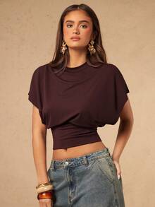 SHEIN x Luisa Sonza Silquee 女士纯色圆领蝙蝠袖短袖露脐上衣 - 咖啡棕 - 查看 1