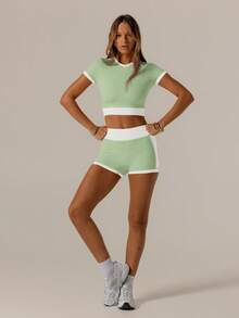 Aralina Leisurewear Activewear Set With Contrast Colours Cute Summer Top And Bike Shorts Combo Perfect For Summer Vacation Outfits Or Airport Outfit For Women - Mint Green - View 8