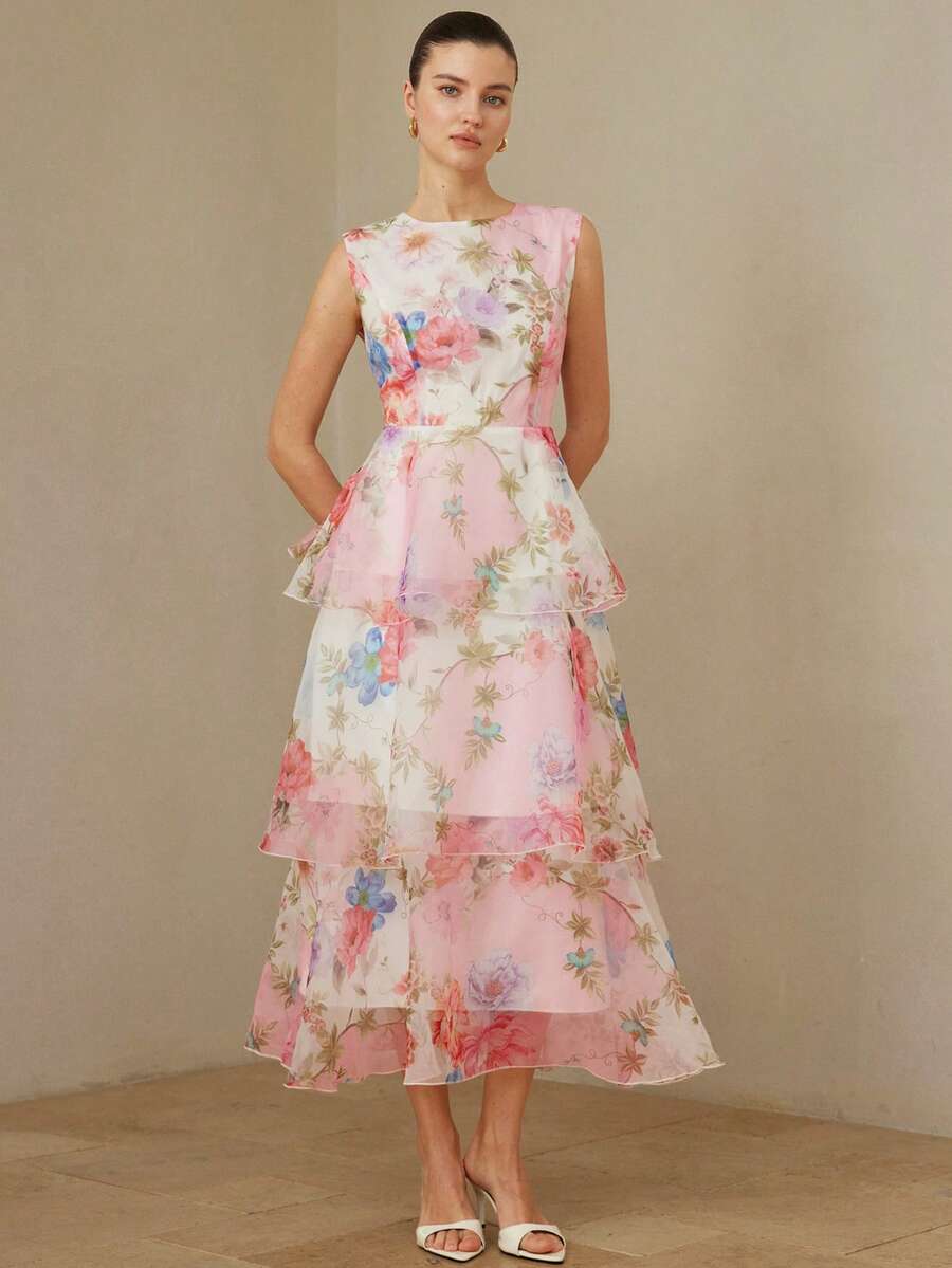Aveloria Rosie 法式复古奢华优雅女士浪漫薄纱印花圆领收腰多层下摆无袖连衣裙 - 彩色 - 查看 1