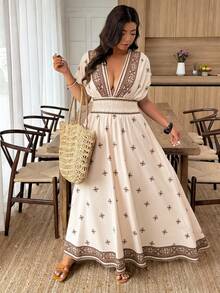 Weeklong Plus Size Retro V-Neck Short Sleeve Dress - Multicolor - View 4