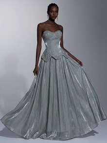 Elegant Luxurious Beaded, Sequin & Embroidered Mesh Splice Sexy Strapless Maxi Dress, Suitable For Weddings, Events, Parties, Vacations, Galas - Green - View 1