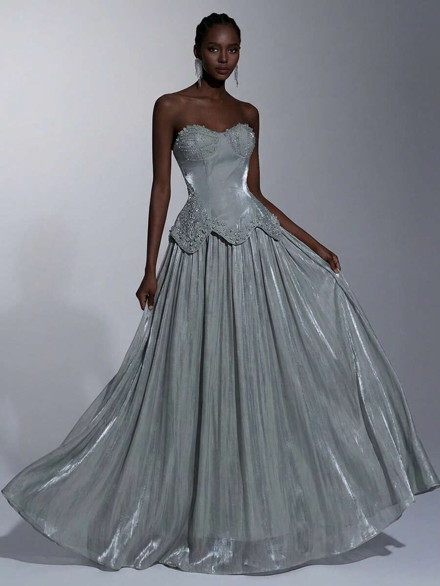 Elegant Luxurious Beaded, Sequin & Embroidered Mesh Splice Sexy Strapless Maxi Dress, Suitable For Weddings, Events, Parties, Vacations, Galas - Green - View 1