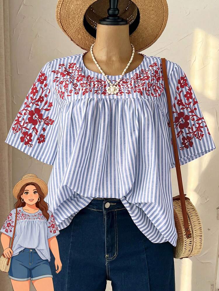 Plus Size Women Spring Casual Vacation Short Sleeve Striped Floral Print Blouse,Plus Size Women's Summer Casual Vacation Country Spring Round Neck Short Sleeve Blue Striped Floral Print Blouse,Spring Break,Vacation,Holiday,Going Out,2026 New,Simple And Fashionable For Everyday Wear,Casual Vacation Boho Top, Smock Top, Striped Blouse, Boho Chic Top,Suitable For Summer, Vacation, Commute, Daily Wear, Going Out Tops,Gifts For Mother