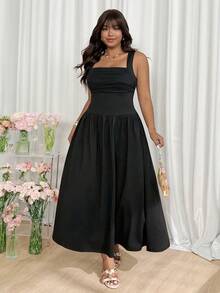 GalTyme Plus Size Women Solid Color Pleated Elegant Sleeveless Dress Blacktie Birthday For Black Ball - Black - View 4