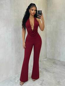 SHEIN 女士性感优雅度假/约会装，深V领露背无肩带紧身连体裤，春夏款 - 酒紅色 - 查看 1
