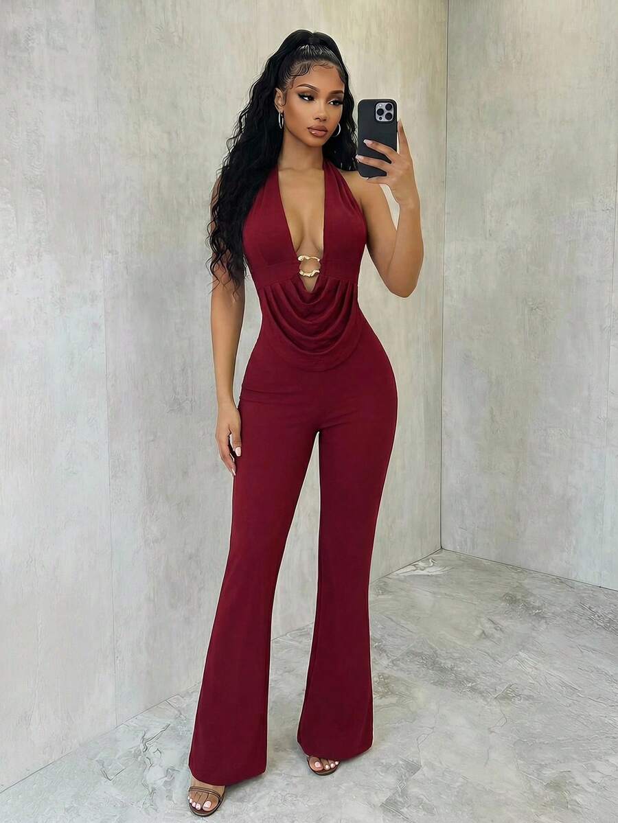 SHEIN 女士性感优雅度假/约会装，深V领露背无肩带紧身连体裤，春夏款 - 酒紅色 - 查看 1