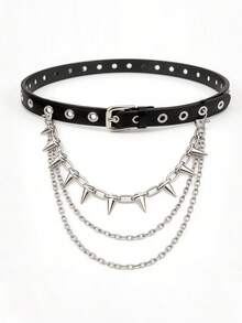 ROMWE Goth Bộ 2 dây đai/xích eo kết hợp, phong cách punk với khoen mắt cáo, thiết kế retro, đinh tán hợp kim nhiều lớp, dây xích đai trang trí - Bạc - Xem 2