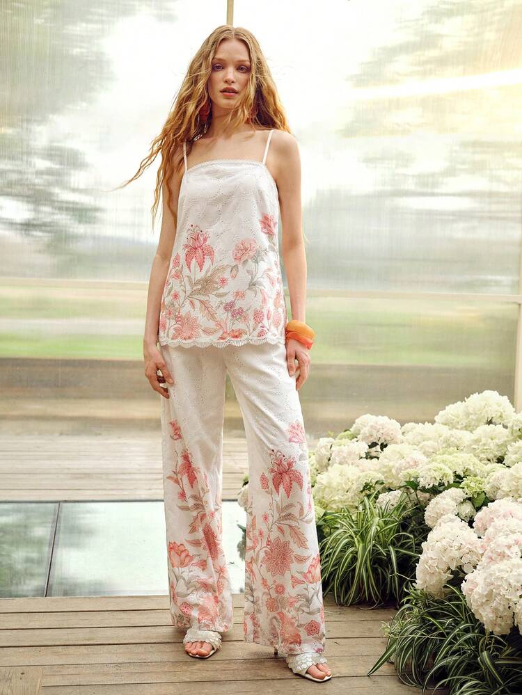 WOMEN'S SUMMER DITSY FLORAL 2-PIECE SET, CAMISOLE TOP AND WIDE LEG PANTS, CASUAL OUTFIT