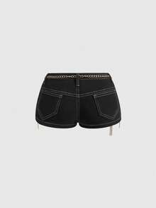 ROMWE Plus Size Women's Y2K Baddie Metal Chain Cross Pendant Super Low-Rise Denim Shorts - Black - View 2