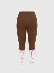ROMWE Goth Quần short nữ ôm sát, có dây rút và viền ren, phong cách Y2K. - màu nâu - Xem 2