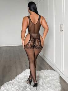 SHEIN 1pc Women's Sexy Bodystocking,Sexy Crothless Teddy,Sexy Lingerie,Crothless Lingerie,Crothless Bodystocking,Fishnet Bodystocking,Adult,Hot,Honeymoon - Black - View 2