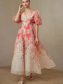 Aveloria Rosie 甜美碎花花瓣袖深V领高腰迷你连衣裙 - 彩色 - 查看 1