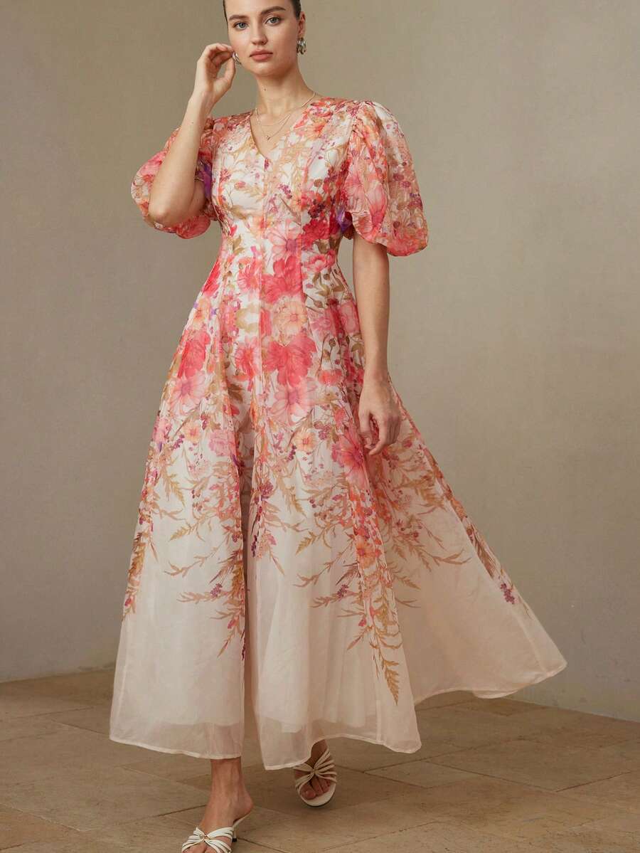 Aveloria Rosie 甜美碎花花瓣袖深V领高腰迷你连衣裙 - 彩色 - 查看 1
