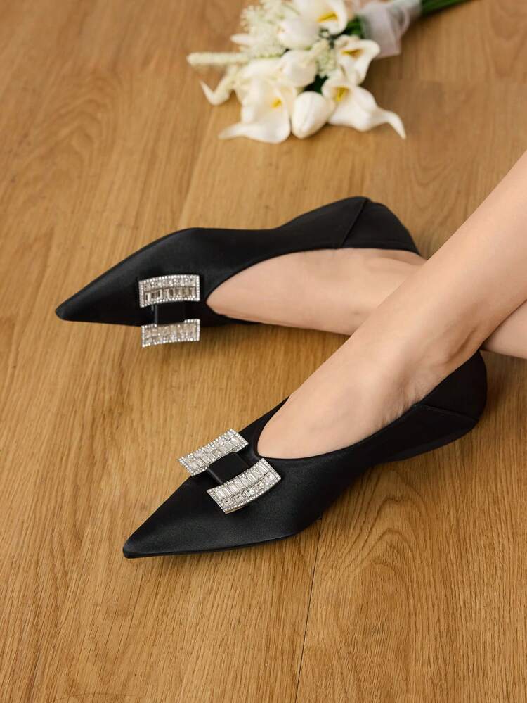 CUCCOO HITCHD Pointed Toe Low Vamp Rhinestone Square Buckle Flat Bottom Comfortable Versatile Fashionable Soft Sole Elegant Fairy Shoes Women's Shoes