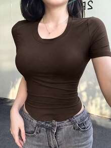 DAZY 女款棕色純色圓領短袖T恤，休閒街頭戶外上衣，適合春夏、音樂節、情人節、婚禮、運動 - 棕色 - 查看 5