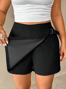Auralis Talla Grande Negro Verano Casual Elegante Diario, Falda-Pantalón de Punto con Dobladillo Asimétrico, Ropa de Oficina Elegante para el Desplazamiento con Decoración de Hebilla Metálica - Negro - Ver 2