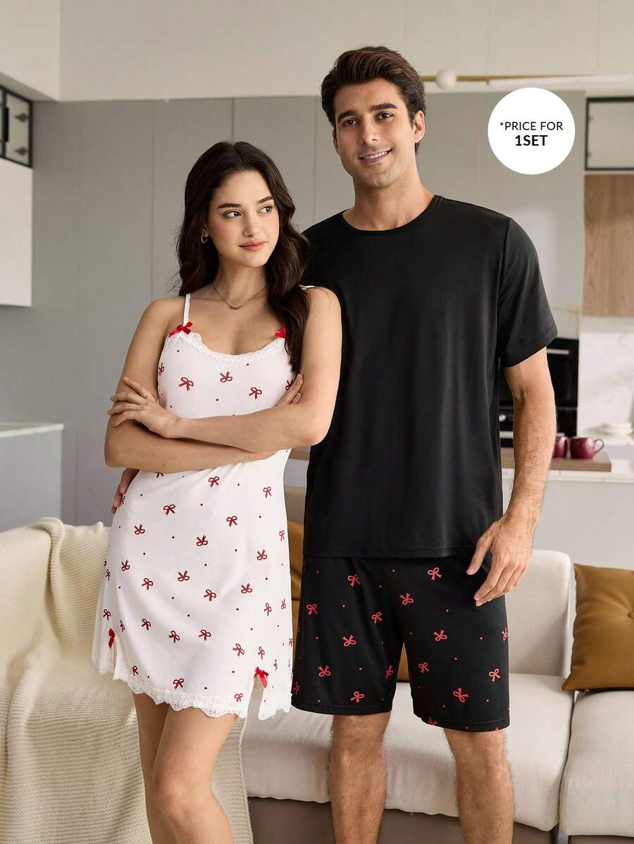 CoupledUp 黑色极简短袖红色蝴蝶结印花男士睡衣套装 - 黑色 - 查看 1