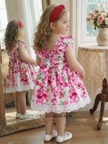 Elladie kids 2026夏季新款女童粉色碎花蕾丝边连衣裙，舒适可爱热带碎花沙滩度假连衣裙，女童蕾丝边连衣裙，春季女童连衣裙，碎花连衣裙，春季碎花连衣裙，玫瑰连衣裙，花朵连衣裙，柔软夏季套装 - 粉色 - 查看 3