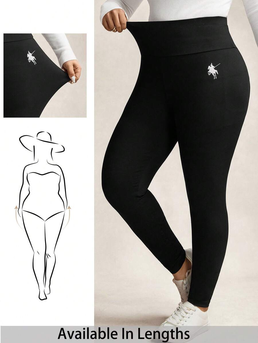 SHEIN PETITE CURVE 大码女式休闲运动日常通勤纯色高腰舒适打底裤 - 黑色 - 查看 1