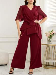 SHEIN Clasi Plus Size Women V-Neck Pleated Top And Wide Leg Pants Casual 2 Pieces Set - Burgundy - View 10