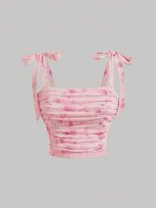 Top corto de mujer de 2 piezas con tirantes anudados, flores blancas y rosas, estilo vintage fruncido, para verano, vacaciones tropicales, festival bohemio y fiesta - Rosa - Ver 10
