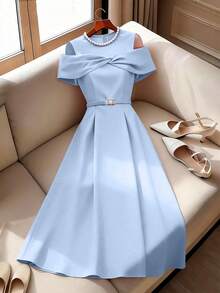 GlowEve 女士珍珠装饰圆领收腰A字露肩优雅日常度假通勤时尚情人节约会法式街头复古百搭派对浅粉色早春/秋季短袖中长连衣裙 - 淺藍色 - 查看 3