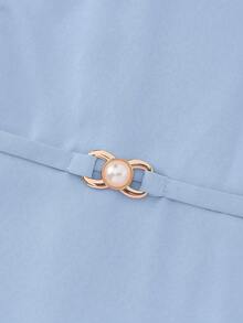 GlowEve 女士珍珠装饰圆领收腰A字露肩优雅日常度假通勤时尚情人节约会法式街头复古百搭派对浅粉色早春/秋季短袖中长连衣裙 - 淺藍色 - 查看 7