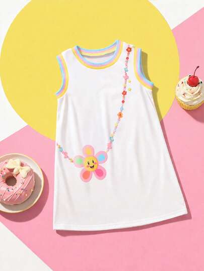 女童彩虹罗纹圆领无袖连衣裙，搭配彩色花朵装饰斜挎包，可爱休闲，适合室内外穿着，夏季连衣裙