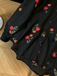 Franclia Women's Floral Embroidered Long Sleeve Shirt And Shorts Casual 2 Pieces Set - Black - View 4