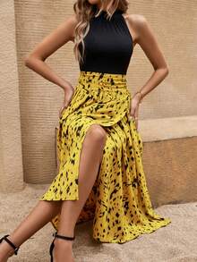 EMERY ROSE Đầm maxi xẻ tà phối họa tiết in cho nữ. - Màu vàng - Xem 6