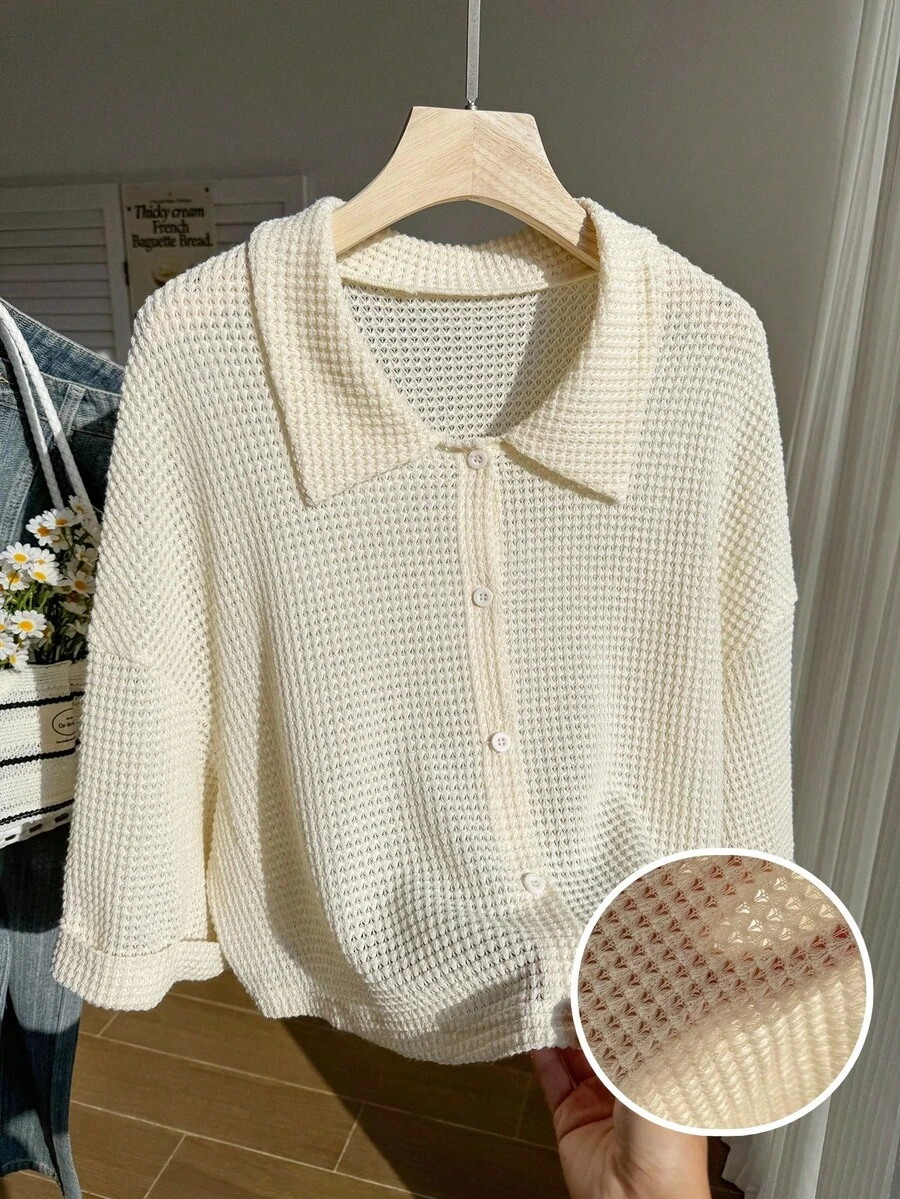 Comfortcana Plus Size Women Solid Color Drop Shoulder Single-Breasted Loose Vacation Shirt Collar Long Sleeve Blouses For Women Casual Knitted Shirt Polo Blouse For Women Knit Polo Shirt Waffle Shirt Blouses For Women New Elegant Knit Blouse For Women Casual Polo Zip Up Top Zip Cardigan Women - Beige - View 1