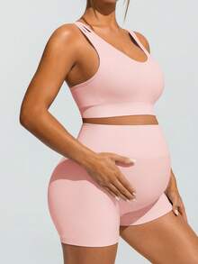 SHEIN 孕妇夏季纯色交叉绑带运动短裤和运动文胸套装 - 藕粉色 - 查看 6