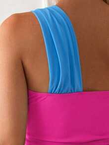 SHEIN Swim Basics 女士度假撞色褶皱连体泳衣 - 玫紅色 - 查看 8