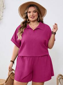 SHEIN CURVE+ Curve 尺码 US22 音乐节、海滨度假、波西米亚休闲纯色衬衫短裤套装 - 玫紅色 - 查看 8