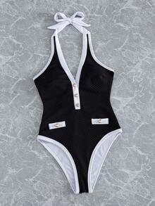 SHEIN Swim Chicsea 新款纯色黑白特殊面料仿纽扣深V连体衣，性感优雅沙滩度假泳装 - 黑與白 - 查看 8