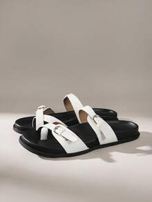 Solecia Sandalias planas cómodas para caminar en casa o al aire libre, con hebilla de dos palabras, de estilo sencillo para damas en primavera y verano - Blanco - Ver 2