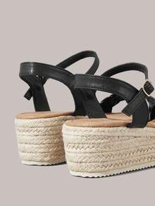 Styleloop Ladies Black Fashion Solid Color Woven Casual Platform Wedge Sandals, Upper PU Material Woven Decoration, Bohemian Vacation Style Retro French Canvas Sole Wedge Heel Ankle Sandals, Western Style, Music Festival Party Clothing, Spring And Summer Shoes, Spring Break Easter, Vacation Atmosphere, Summer Wear, Travel Essentials - Black 1 - View 5