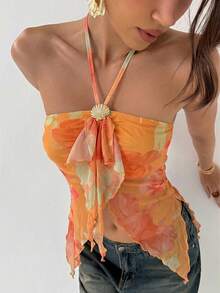 Aloruh Women's Floral Print Patchwork Ruffle Trim Halter Neck Top, Vacation Style - Orange - View 5